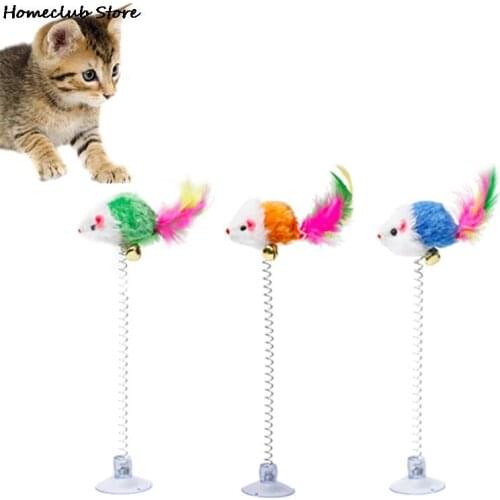 1PC Cat Toys Feather Mouse Stick Spring Suction Cup With Bell Cat Teaser Pet Interactive Supplies Cat Favor Cat Supplies