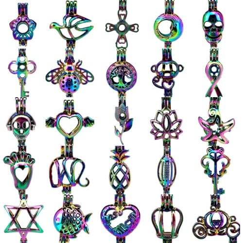 1pc Rainbow Color Flying Heart Crown Lotus Football Carriage Pearl Cage Essential Oil Diffuser Locket for Oyster Pearl