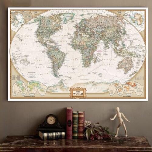 140*100cm The World Political Map with Details Vintage Non-woven Canvas Painting Wall Art Poster Home Decor School Supplies