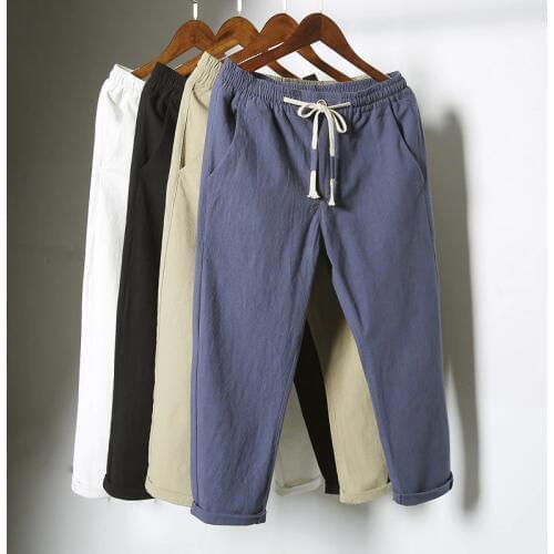 #2607Summer Cotton Linen Pants Men Casual Elastic Waist Vintage Harem Trousers Thin Plus Size Linen Harem Pants White Black Blue
