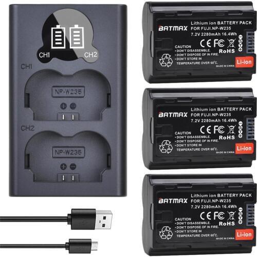 3Pcs NP-W235 NP W235 2280 mAh Lithium-Ion Battery + LCD USB Dual Charger with Type C Port for FujifilmX-T4 Mirrorless Camera