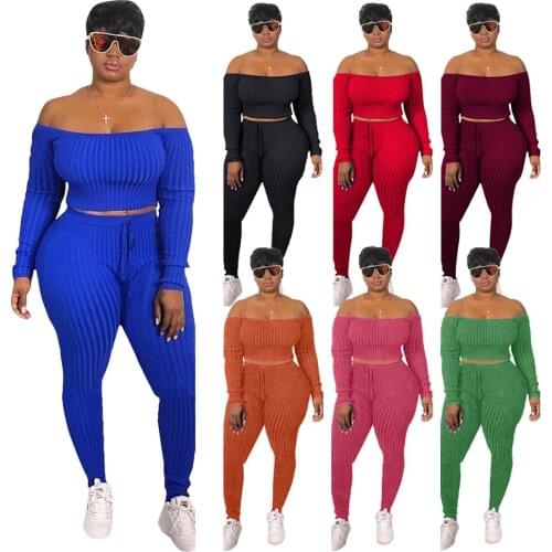 42H1085 Autumn Winter Women Casual Fashion Sexy Solid One Shoulder Two Piece Set Top and Pants Tracksuit Sweatsuit Outfits