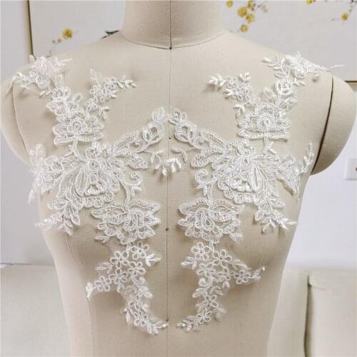 5 Pairs Floral Lace Applique Mirrored Alencon Cord Embroidery Bodice Applique For DIY Bridal Wedding Evening Party Gown supply