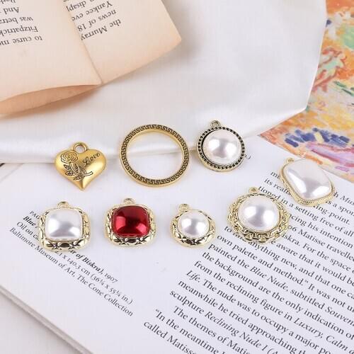 6pcs Highlight white pearl ladies earrings alloy base round square love pendant diy handmade jewelry enecklace accessories
