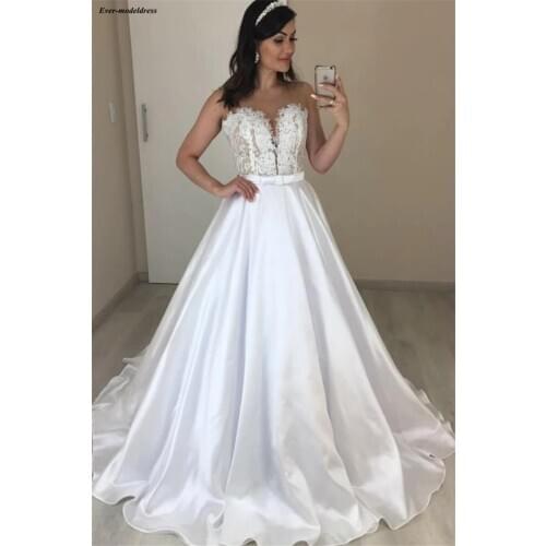 Satin Wedding Dresses 2020 Lace Appliques Sheer O-Neck Illusion Back Sweep Train Bridal Gowns Bride Dress Vestido De Noiva