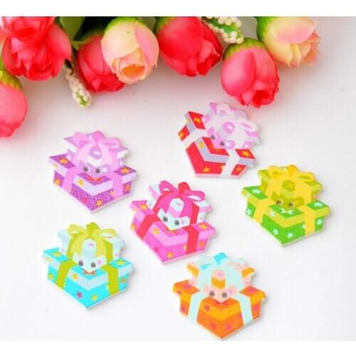 Free Shipping 50Pcs Mixed 2 Holes Gift Box Shape Wood Sewing Buttons Scrapbooking 30x30mm J2946