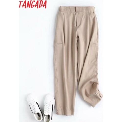 Tangada Fashion Women High Quality Khaki Suit Pants Trousers Side Pockets Buttons Office Lady Pants Pantalon 4C31