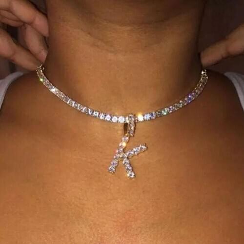 Iced Out 26 Letter Initial Necklace Silver Color Tennis Chain Choker for Women Bling Crystal Alphabet Necklace Statement Jewelry