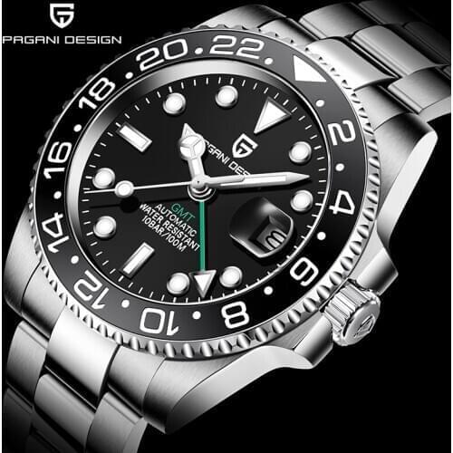 PAGANI DESIGN Luxury Brand Mechanical Watch Men Automatic Black Watches Stainless Steel Waterproof Business Mens Watch GMT Watch