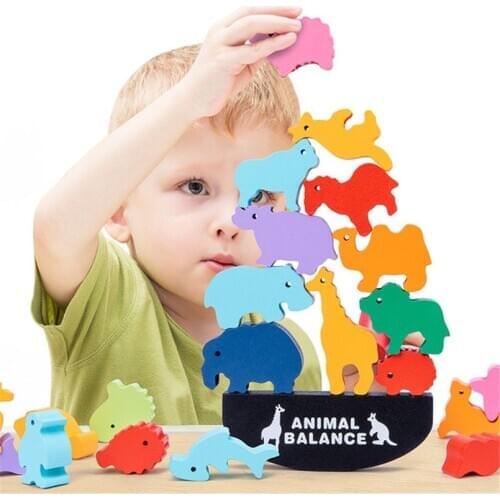 12Pcs Montessori Wooden Rainbow Animal Balance Blocks Board Games Toys Dinosaur Educational Stacking High Building Block Toy