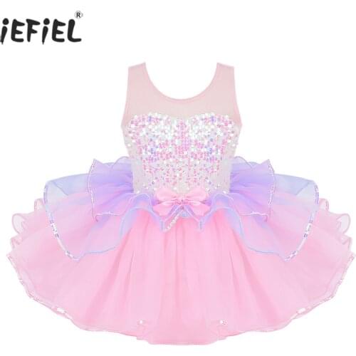 Kids Tutu Ballet Dance Gymnastics Leotard Dress for Girls Ballerina Tulle Costume Shiny Sequins Mesh Splice Bowknot Party Dress