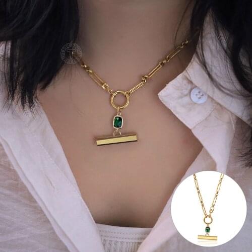 Customized Bar Necklaces For Women Green Stone Charm Paperclip Cable Choker Engraved Minimalist Bohemian Female Jewelry TNS031