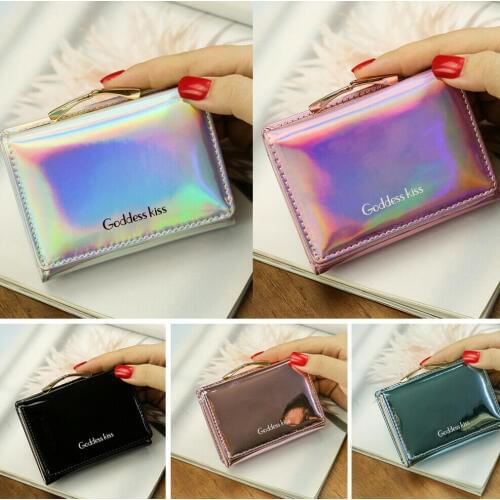 2019 Newest Hot Women Short Small Coin Purse Wallet Ladies Leather Folding Card Card Holder Laser Colorful Coin Purses