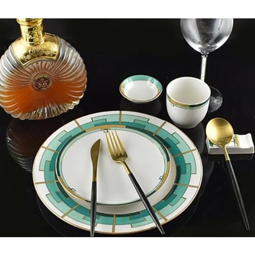 Bone China Dinnerware Set Checkered Steak Plates Coffee Mug Full Set European Banquent Food Serving Tray Coffee Cup Saucer Set