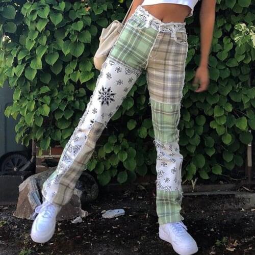 Hot Sales Women Jeans Patchwork Straight Cotton Blend Checkerboard Denim Jeans for Daily Wear