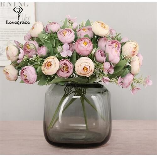 Lovegrace Mini Tea Rose Bunch Bridesmaid Wedding Flower 10 Heads Silk Rose Wedding Girl Artificial Flower Home Table Party Decor