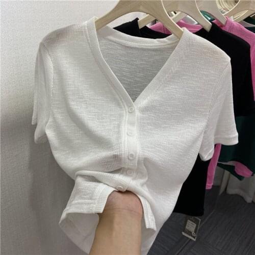 Fashion Design Knitted Women T-Shirts Summer New 2021 V-Neck Solid Cotton Female Outwear Coats Tops X539