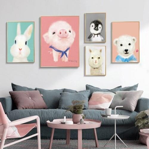 Cartoon Poster Animal Pig Rabbit Penguin Wall Art Mural Poster Print Canvas Painting Children Bedroom Girl Room Wall Home Decor