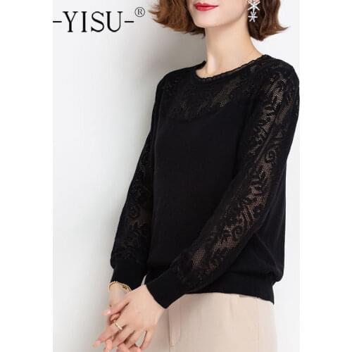 YISU 2021 New Spring Women Sweater O-Neck Solid color Lace sleeves Knitted pullover Long sleeve Female Casual Loose Jumper