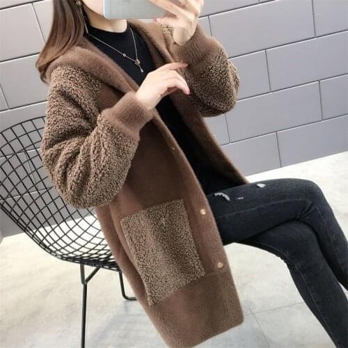 2021 New Womens Knitted Sweater Female Autumn Winter Faux Mink Velvet Cardigan Korean Version Womens Hooded Loose Cardigan N58