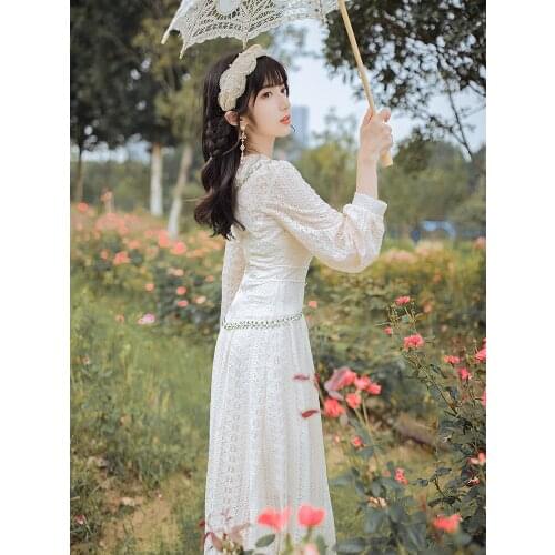 BLLOCUE Autumn Womens Dress French Retro Gentle Wind Hollow Lace Sexy V-neck Fairy Grace Party Dresses Lady vestidos