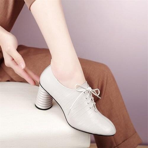PXELENA Top Quality Natural Genuine Leather Shoes Women Strange High Heels Pumps Plus Size 34-41 Round Toe Lace Up Office Lady