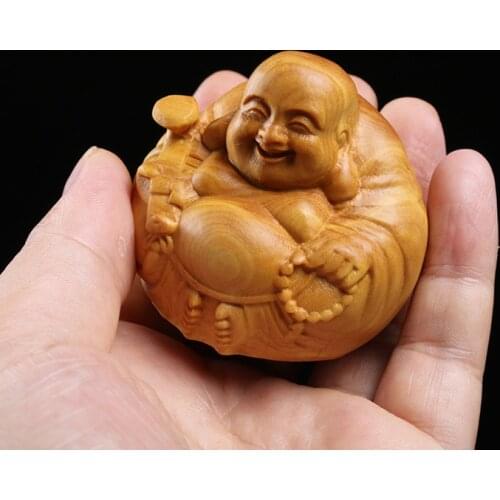 Boxwood 3 4 5 7cm Maitreya Sculpture Wood Carving Buddha Statue Laughing Buddha Home Decor