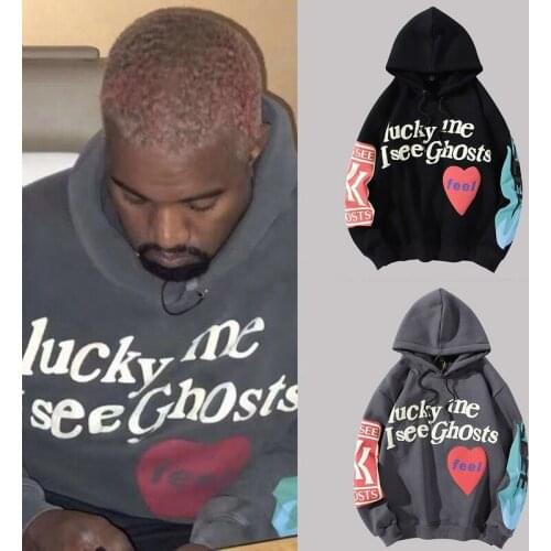 Graffiti Letter Printed Hoodies Men Lucky Me I See Ghosts Mens Sweatshirts Fleece Streetwear Harajuku Hip Hop Sudaderas Hombre
