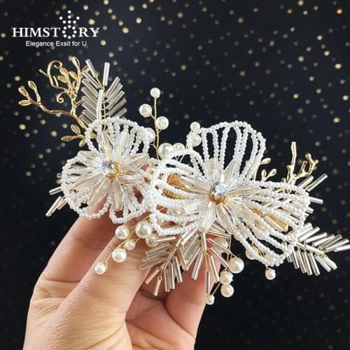 HIMSTORY Vintage Romantic BEaded Flower Wedding Dress Accessories Handmade Hair Jewelry Pearl Beads Hairpins Headpiece