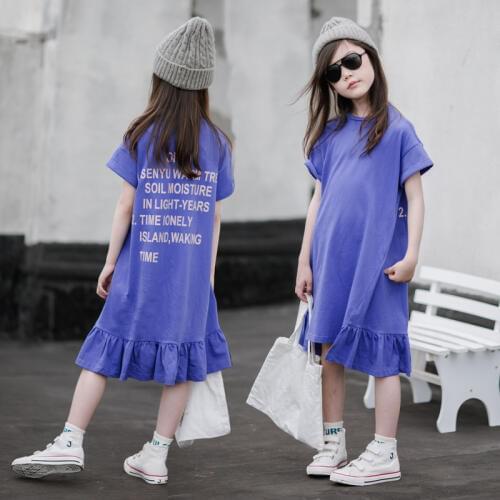 Fashion 2020 Summer New Girls Letter Long Maxi Dress Children Loose Casual Dress Teen Girls Cotton Ruffle Hem purple vestido