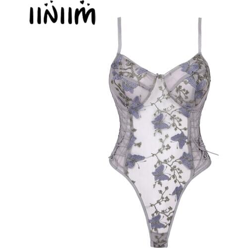 Womens Lingerie Sissy Teddies Costumes Sexy Clubwear Floral Butterfly Embroidery See-through Mesh Backless Bodysuits Catsuit