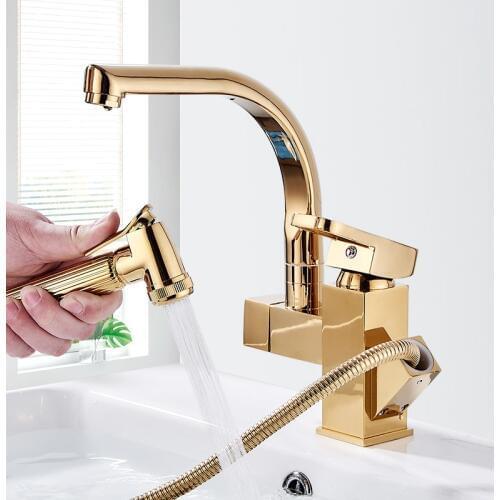 Gold Kitchen Sink Faucet Pull Out 360 Rotation Sink Mixer Washer Household Single Handle Metal Cold and Hot Dishwasher