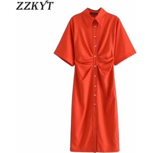 ZZKYT 2021 Women Summer Vintage Solid Single Breasted Midi Dress Fashion Lapel Collar Short Sleeve Female Party Dresses Vestido