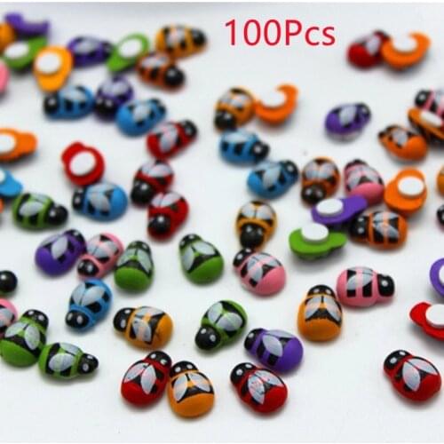 MINI Wood Bee Ladybug Colorful with Glue Home Refrigerator Wall Decoration DIY Handmade Child Gift Party Accessories 100pcs