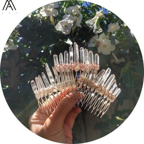 5PCS Rose Gold Wire Wrapped White Quartz Point Hair Combs Tiara For Women Crystal Stone Combs Bridal Combs Jewelry HG060AMAA.E