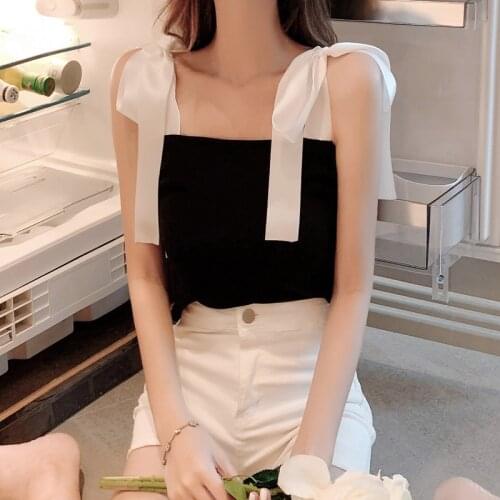 Ribbon Bow Sling Blouse Womens Summer New Style Temperament Outer Wear All-match Short Slim Waistcoat Tops Camisole