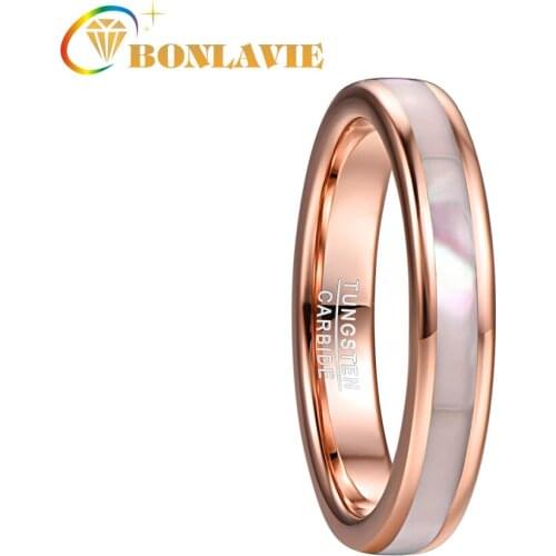 BONLAVIE 4mm Tungsten Carbide Ring Womens Rose Gold Tungsten Steel Ring with Mother of Pearl Shell Comfort Fit Size 5-10