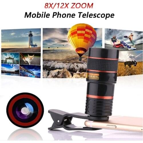 Clip-on 8X 12X Zoom Optical Telescope Lens HD Camera Telephoto Mobile Phone Monocular Telescope Objective For Cell Phone