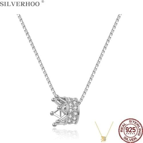 SILVERHOO 925 Sterling Silver Pendant Necklace For Women Crown Diamonds Austria Crystal Necklace Party Fine Jewelry Trend 2021
