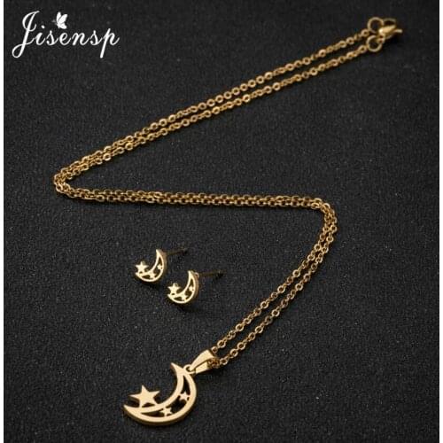 Jisensp Fashion Stainless Steel Jewelry Sets Simple Moon Star Stud Earrings Necklace Choker for Women Korean Engagement Gift