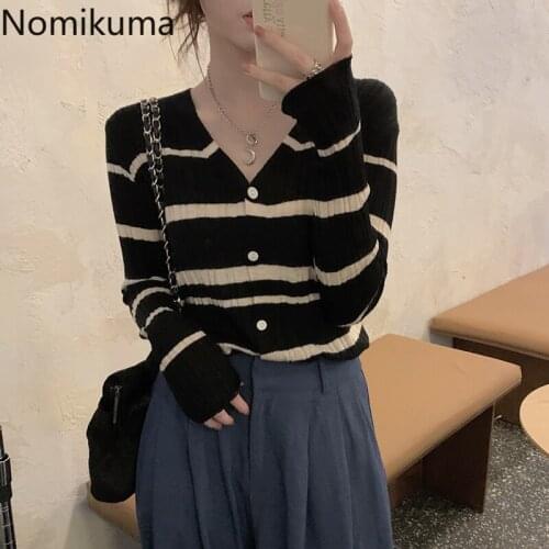 Nomikuma 2021 New Korean Vintage Striped Cardigan Women V Neck Contrast Color Long Sleeve Knitwear Single Breasted Casual Tops