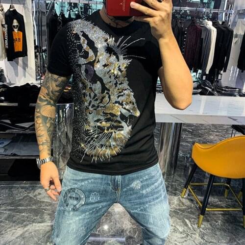 England Style Fancy T shirt Man Diamond Short Sleeve Leopard Pattern Men Summer T-shirt Large size