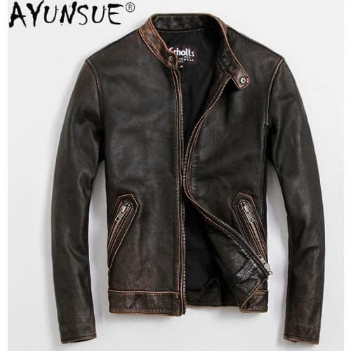 2021 Real Genuine Cow Leather Jacket Men Slim Vintage Short Vintage Men Sheepskin Coat Motorcycle Fashion Mens Clothes WPY3676