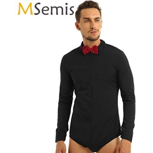 Mens Dance Shirt Long Sleeve Zipper Latin Modern Dance Shirt with Bowtie Romper Shirt Mens Body Suit Thong Leotard Dancewear