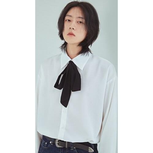 Mens shirt casual fashion handsome neckline ribbon tie color matching long sleeve shirt personality loose large size top