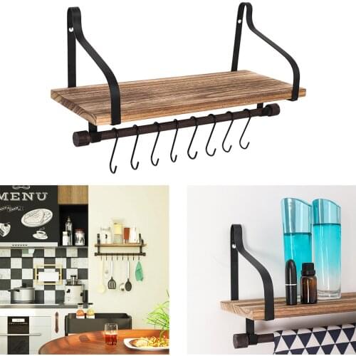 Wall Mounted Floating Wood Shelves Holder Rack Storage Hanger 8 Removable Hooks Household Kitchen Bathroom Organiser Bracket