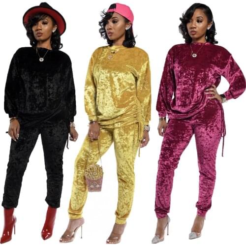 Ueteey New Two-piece Casual Velet Solid Shirring Women Pant Set