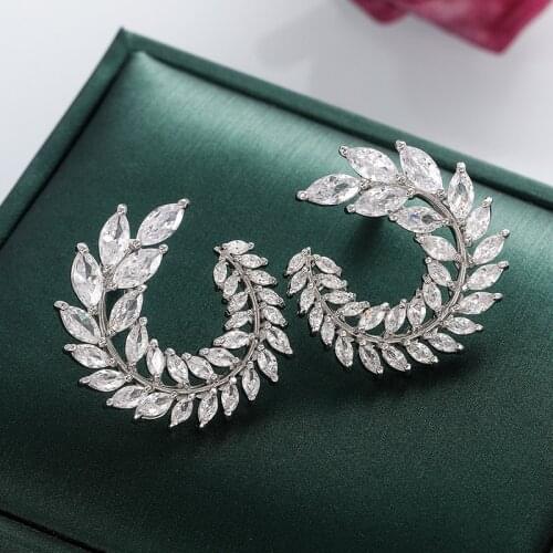 New Exquisite and Exaggerated Full Zircon Earrings European and American Fashion Street Style Leaf Convoluted Earrings
