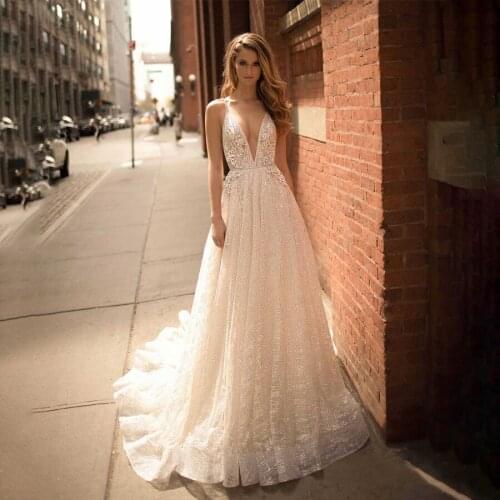 Spaghetti Straps Deep V-neck Sequind Open Back Court Train Bridal Dress with Crystals Open Back Bridal Dresses