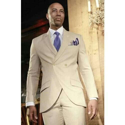 Latest Coat Pant Design Beige Double Breasted Men Wedding Suits Slim Fit 2 Piece Tuxedo Custom Blazer Groom Suit Terno Masculino